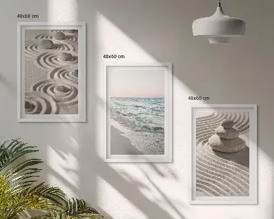 Conjunto de 3 quadros com moldura estampa de ondas, areia, água e pedras na praia