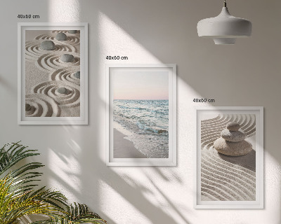 Conjunto de 3 quadros com moldura Ondas, areia, água, pedras, praia