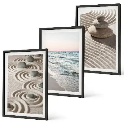 Conjunto de 3 quadros com moldura estampa de ondas, areia, água e pedras na praia