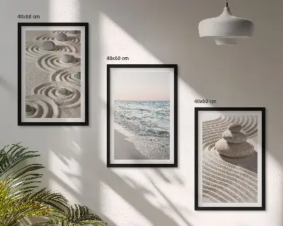 Conjunto de 3 quadros com moldura estampa de ondas, areia, água e pedras na praia