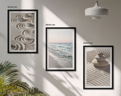 Conjunto de 3 quadros com moldura Ondas, areia, água, pedras, praia