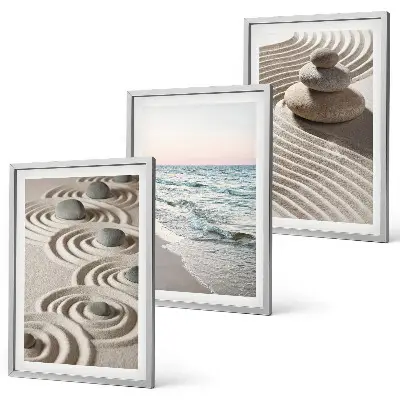 Conjunto de 3 quadros com moldura estampa de ondas, areia, água e pedras na praia