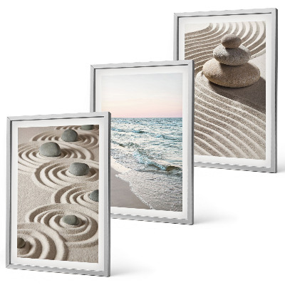 Conjunto de 3 quadros com moldura Ondas, areia, água, pedras, praia