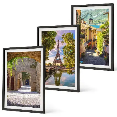 Conjunto de 3 quadros com moldura estampa de ruas com arquitetura Eiffel