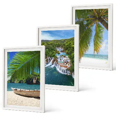 Composição de quadros moderna com temática de praias, barcos, cachoeiras e palmeiras