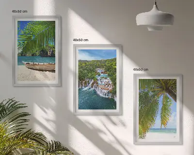 Composição de quadros moderna com temática de praias, barcos, cachoeiras e palmeiras