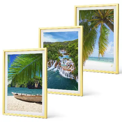Composição de quadros moderna com temática de praias, barcos, cachoeiras e palmeiras
