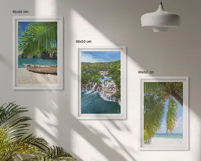 Composição de quadros moderna com temática de praias, barcos, cachoeiras e palmeiras