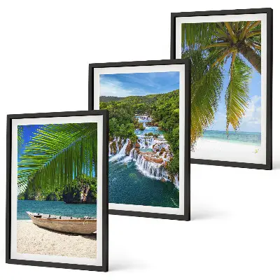 Composição de quadros moderna com temática de praias, barcos, cachoeiras e palmeiras