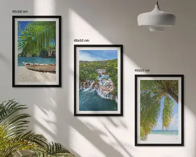 Composição de quadros moderna com temática de praias, barcos, cachoeiras e palmeiras