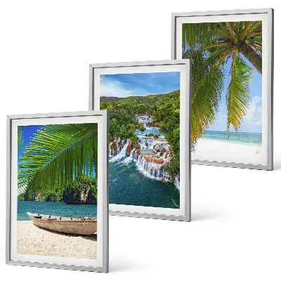 Composição de quadros moderna com temática de praias, barcos, cachoeiras e palmeiras