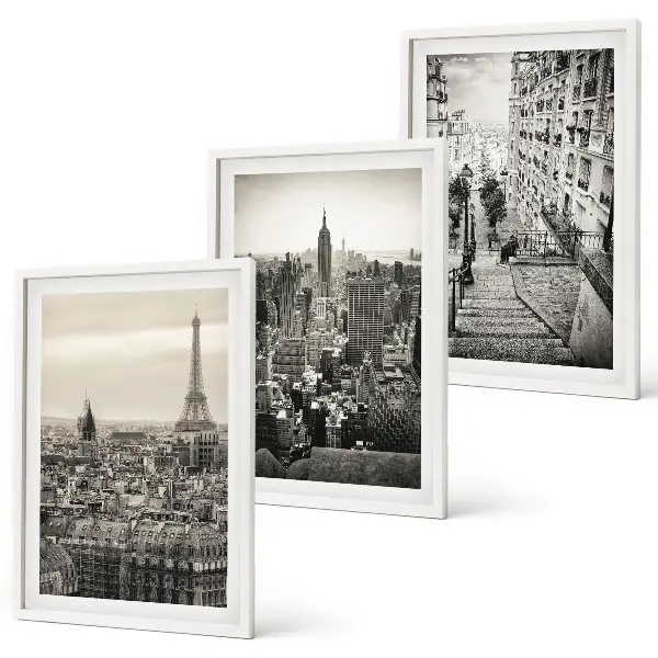 Conjunto de 3 quadros com moldura vistas de Paris e Nova York com escadas