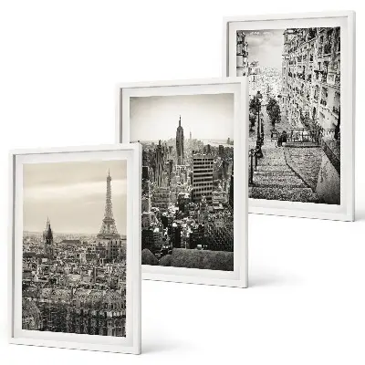 Conjunto de 3 quadros com moldura vistas de Paris e Nova York com escadas