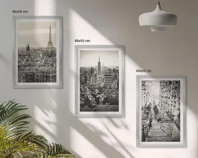 Conjunto de 3 quadros com moldura vistas de Paris e Nova York com escadas