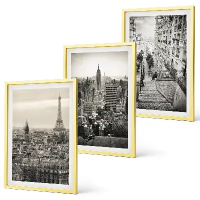 Conjunto de 3 quadros com moldura vistas de Paris e Nova York com escadas
