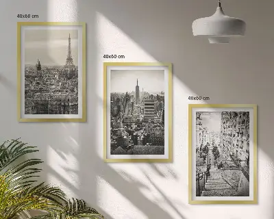 Conjunto de 3 quadros com moldura vistas de Paris e Nova York com escadas