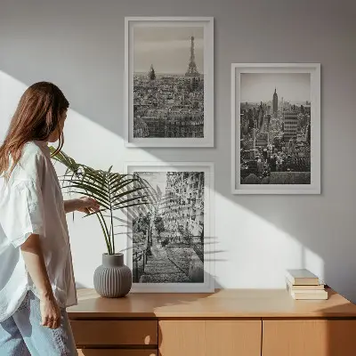 Conjunto de 3 quadros com moldura vistas de Paris e Nova York com escadas