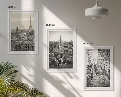 Conjunto de 3 quadros com moldura vistas de Paris e Nova York com escadas