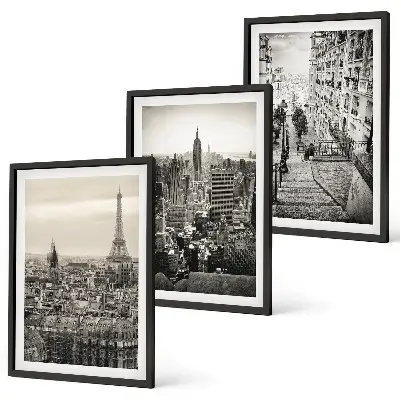 Conjunto de 3 quadros com moldura vistas de Paris e Nova York com escadas
