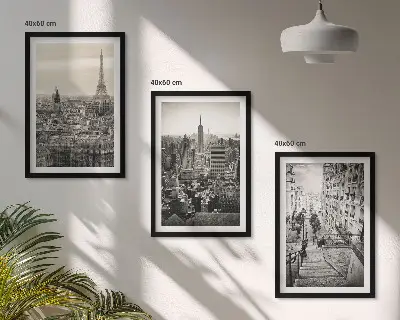 Conjunto de 3 quadros com moldura vistas de Paris e Nova York com escadas