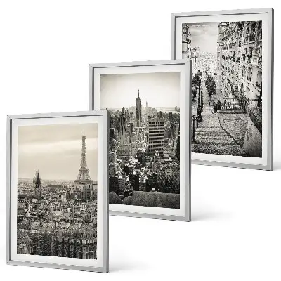 Conjunto de 3 quadros com moldura vistas de Paris e Nova York com escadas