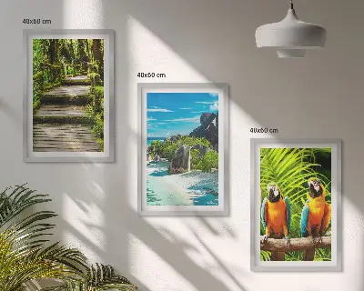 Conjunto de quadros para sala de estar com estampa de cachoeira e papagaios da floresta tropical