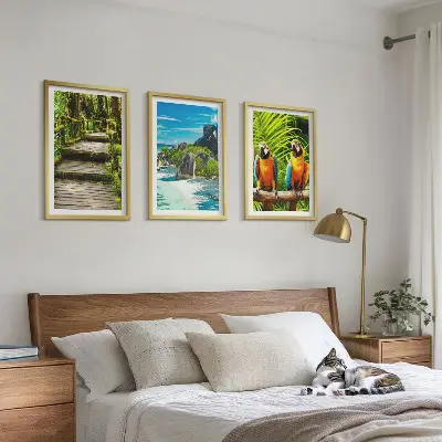 Conjunto de quadros para sala de estar com estampa de cachoeira e papagaios da floresta tropical