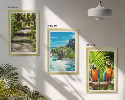 Conjunto de quadros para sala de estar com estampa de cachoeira e papagaios da floresta tropical
