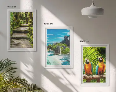Conjunto de quadros para sala de estar com estampa de cachoeira e papagaios da floresta tropical