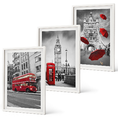 Conjunto de 3 quadros com moldura Detalhes em vermelho em Londres