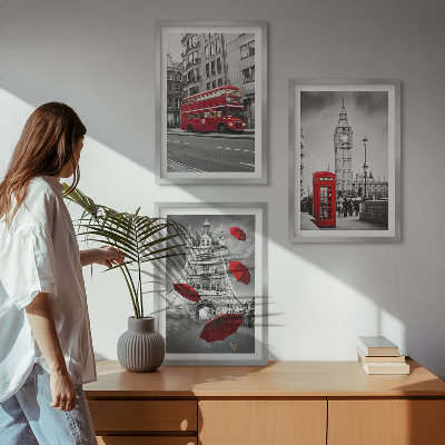 Conjunto de 3 quadros com moldura Detalhes em vermelho em Londres