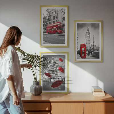 Conjunto de 3 quadros com moldura Detalhes em vermelho em Londres