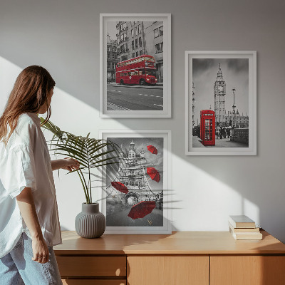 Conjunto de 3 quadros com moldura Detalhes em vermelho em Londres