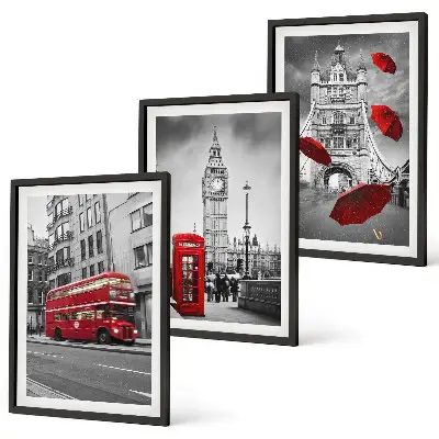 Conjunto de 3 quadros com moldura com detalhes em vermelho em Londres
