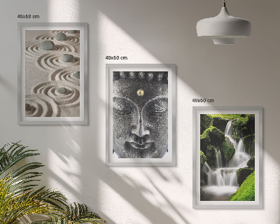 Conjunto de 3 quadros com moldura A Paz das Pedras da Cachoeira Zen de Buda
