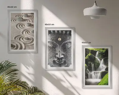 Conjunto de 3 quadros com moldura estampa A Paz das Pedras da Cachoeira Zen de Buda