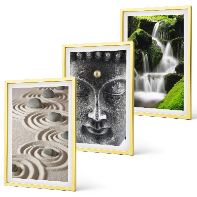 Conjunto de 3 quadros com moldura A Paz das Pedras da Cachoeira Zen de Buda