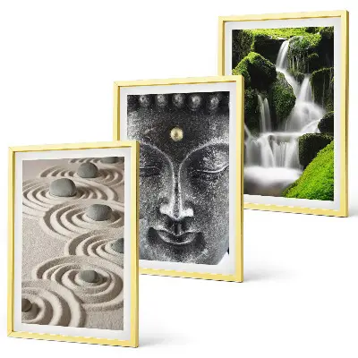 Conjunto de 3 quadros com moldura estampa A Paz das Pedras da Cachoeira Zen de Buda