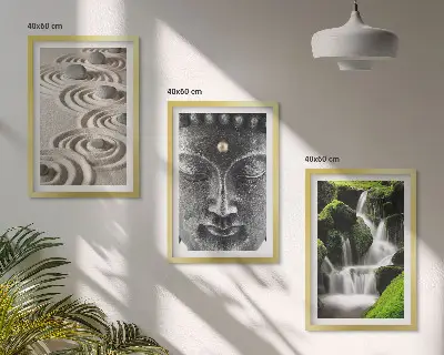Conjunto de 3 quadros com moldura estampa A Paz das Pedras da Cachoeira Zen de Buda