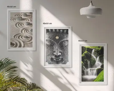 Conjunto de 3 quadros com moldura estampa A Paz das Pedras da Cachoeira Zen de Buda