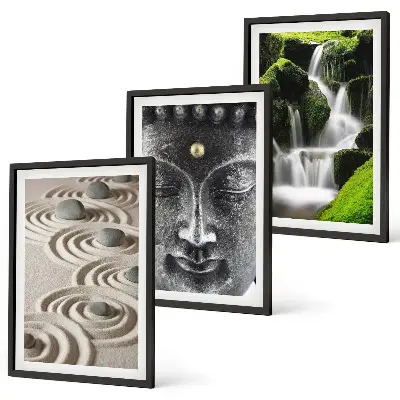 Conjunto de 3 quadros com moldura estampa A Paz das Pedras da Cachoeira Zen de Buda