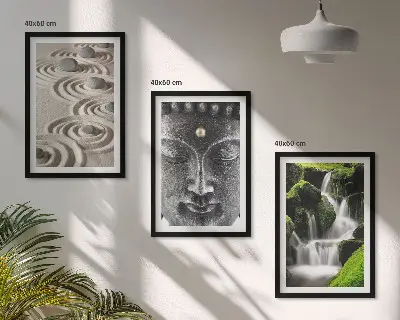 Conjunto de 3 quadros com moldura estampa A Paz das Pedras da Cachoeira Zen de Buda