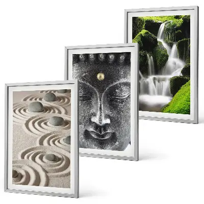 Conjunto de 3 quadros com moldura estampa A Paz das Pedras da Cachoeira Zen de Buda