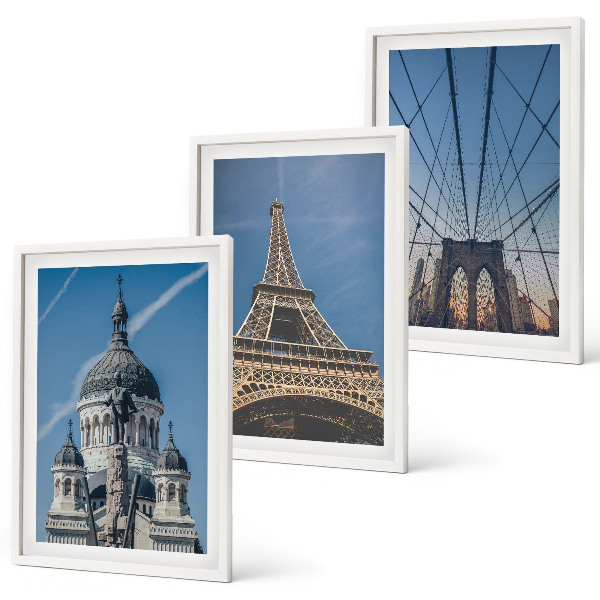 Conjunto de quadros para sala de estar Vistas de edifícios em cidades ao redor do mundo.