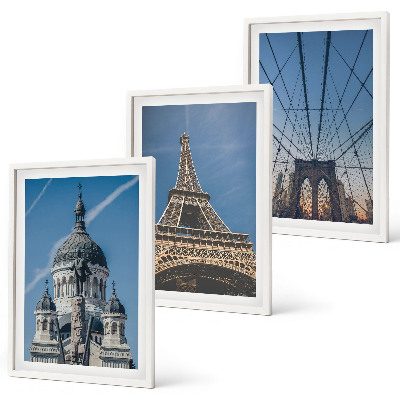 Conjunto de quadros para sala de estar Vistas de edifícios em cidades ao redor do mundo.