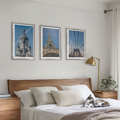 Conjunto de quadros para sala de estar Vistas de edifícios em cidades ao redor do mundo.