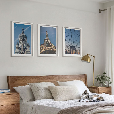 Conjunto de quadros para sala de estar Vistas de edifícios em cidades ao redor do mundo.