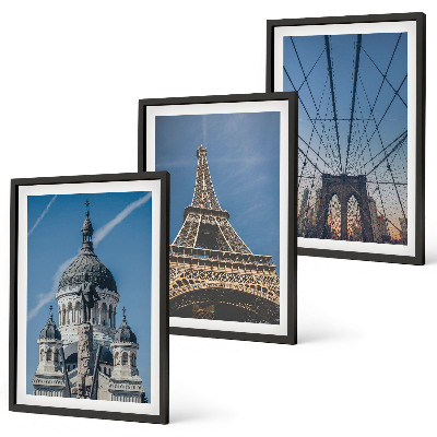 Conjunto de quadros para sala de estar Vistas de edifícios em cidades ao redor do mundo.