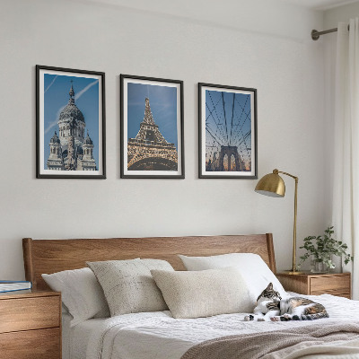 Conjunto de quadros para sala de estar Vistas de edifícios em cidades ao redor do mundo.