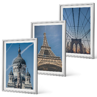 Conjunto de quadros para sala de estar Vistas de edifícios em cidades ao redor do mundo.